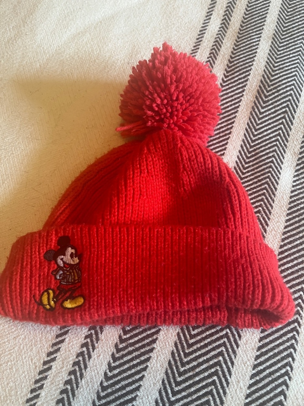 Red Pom Pom Knit Beanie Hat with Mickey Embroidery